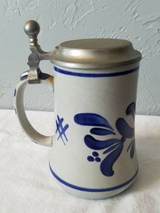 Vintage Stoneware Blue And Gray Stein With Flip - Top Metal Lid