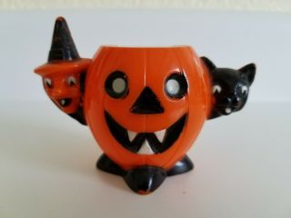 Vintage Halloween - Rosbro Pumpkin/witch/cat Hard Plastic Candy Container - 1950