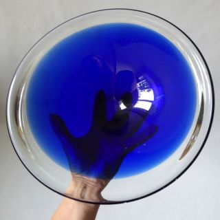 Xl Vintage Murano Art Glass Centrepiece Bowl.  Cobalt Blue Cased Clear Round 60s