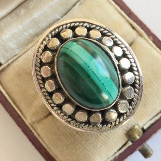 Large Vintage 925 Solid Silver Ring With As Cabochon Green Malachite Gemstone