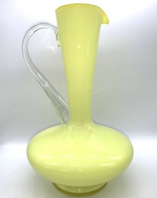 Vtg Mcm Hand Blown Yellow Cased Glass Long Neck Pitcher Applied Handle 10”h 7”w
