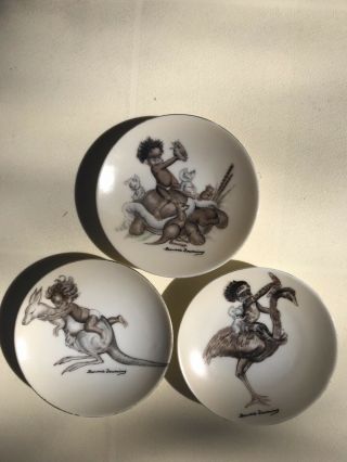 Vintage Set Of Three Brownie Downing Tinka Kangaroo Emu Koala Wall Plates