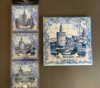 Blue & White Ceramic Tile & 6 Coasters From Sevilla Spain