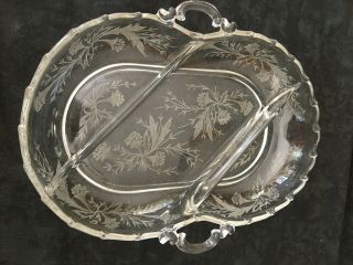 Vintage Clear Etched Oblong Depression Glass Divided Dish With Handles