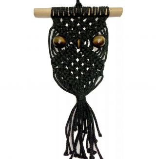 Cute Small Vintage 9.  5 " Black Macrame Owl Boho Wall Hanging Bird Mini Wood Beads