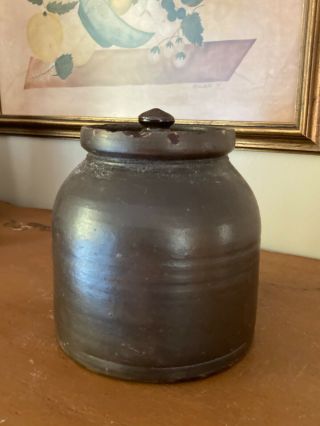 Antique / Vintage Primitive Brown Glaze Stoneware Crock Canning Jar With Lid 7 "
