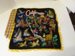 Vintage California Souvenir Pillow Cover Painted Black Velvet Yellow Fringe