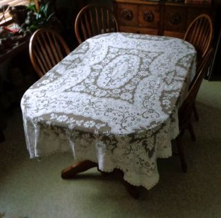 Vintage 60 " X 82 " Net Lace Tablecloth France Thick 100 Cotton Taupe Cream Petal