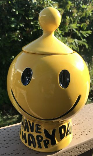 Vintage Mccoy Pottery Have A Happy Day Yellow Smiley Face Cookie Jar 1970s