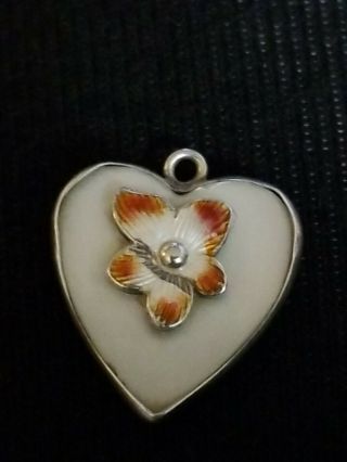 Vintage Sterling Silver Heart Charm Applied Enameled Flower On Mother Of Pearl