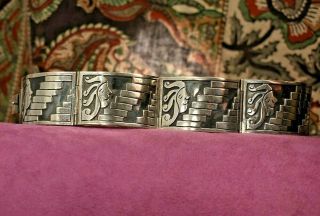 Vintage 925 Sterling Silver Taxco Mexico Wide Panel Bracelet 7.  25 "