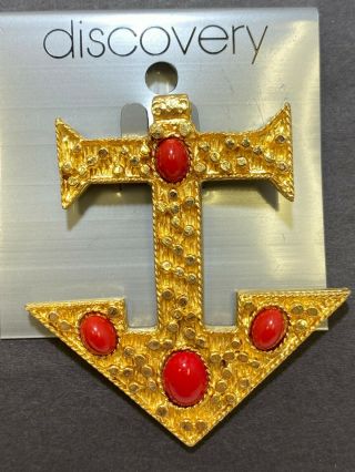 Vtg Discovery Nugget Gold Tone Ship Anchor Nautical Red Cabochon Pin Back Brooch