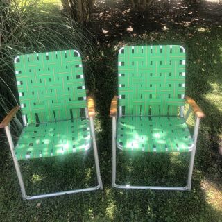 Two Vintage Aluminum Webbed Folding Lawn Chairs,  Green And Yellows.  1970’s
