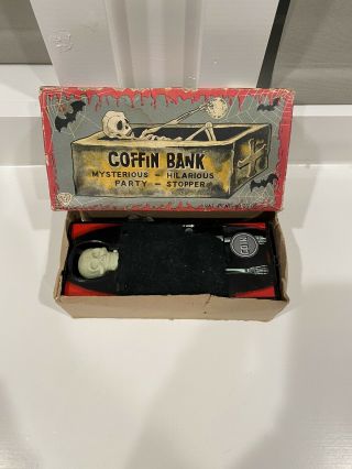 Vintage 1960s Japan Yone Coffin Bank Tin With Box Yonezawa -