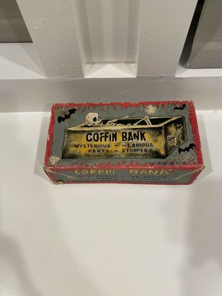 Vintage 1960s Japan Yone Coffin Bank Tin With Box Yonezawa - 2