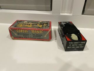 Vintage 1960s Japan Yone Coffin Bank Tin With Box Yonezawa - 3