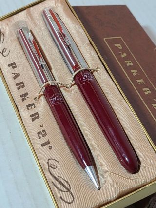 Vintage Parker 21 Special Fountain Pen Mechanical Pencil Box Set Rare Red Color