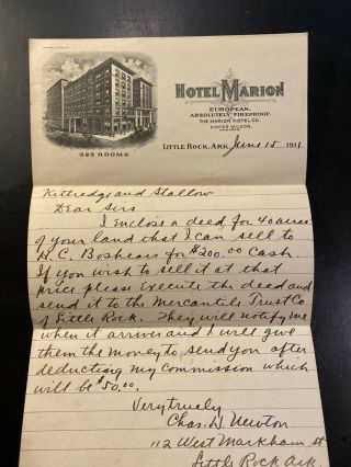 Vintage 1911 Hotel Marion Little Rock Arkansas Ar Newton Real Estate Letterhead