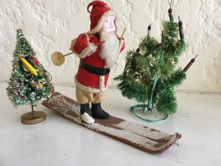 Vintage Large Skiing Japanese Santa Claus With 2 Brush Trees Candles Antique