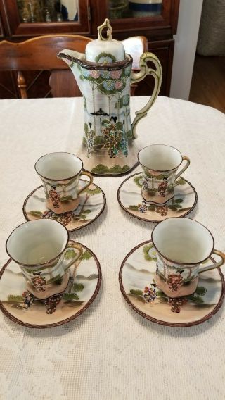 Vintage Noritake Chocolate Pot Set W/ 4 Cups/saucers - Hand Painted Geisha