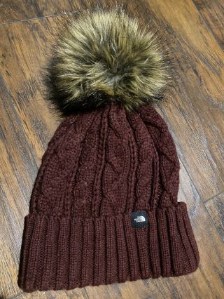 Women’s The North Face Oh - Mega Fur Pom Beanie Hat Burgundy Vintage Red