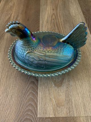 Vintage Indiana Iridescent Blue Carnival Glass Hen On Nest Covered Chicken Dish