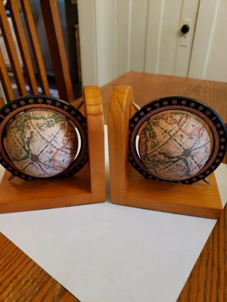 Vintage Wood Rotating Globe Atlas Bookends Nautical Office Old World Decor