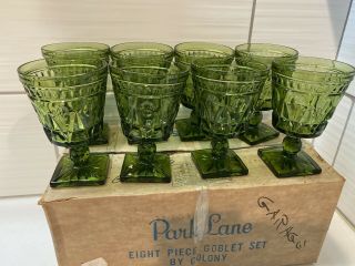 Vintage Indiana Colony Park Lane Green Glass Water Goblets 8 Piece Set