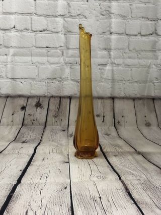 Vintage Dark Amber Art Glass Swung Bud Vase 13.  5 " Tall Stretch Glass Mid Century