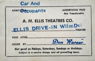 Vintage Wilmington Delaware Ellis Drive In Theatre Pass Don Warner Ephemera