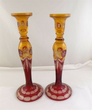 Vintage Pair Bohemian Red Yellow Cut To Clear Etched Flower Candlesticks 12 1/2 "