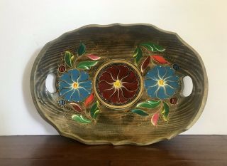 Vintage Hand Painted Wood Tray Floral Gold Trim Eclectic Boho Wall / Table Decor