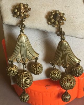 Big Vintage Miriam Haskell Lotus Flower Brass Egyptian Revival Dangle Earrings