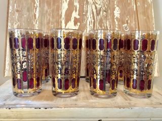 8 Vintage Culver 22kt Gold Scroll Cranberry Red Tumblers Glasses Mcm Signed