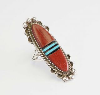 Vintage Long Native American Sterling Silver And Inlaid Gemstones Ring Sz 5.  5