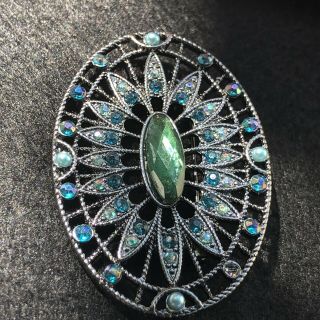 Shades Of Blue Green Rhinestone Silvertone Vintage Brooch Pin