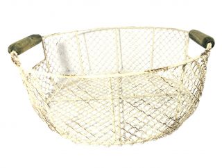 Vintage Large 16 " X16 " Metal Wire Basket With Wood Handle.  White W/ Green,  Round.