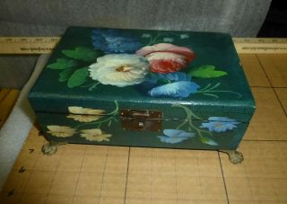 Vintage Wood Jewelry Box - Blue Handpainted Floral With Brass Claw Feet