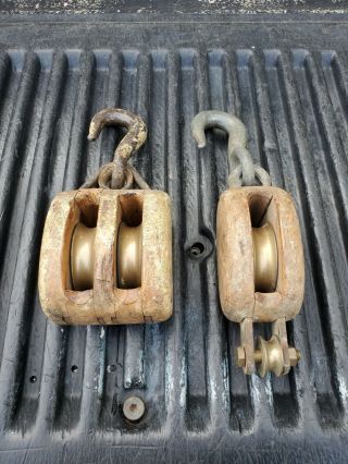 Vintage Iron And Wood Block And Tackle Double & Triple Pulley With Brass Pulleys