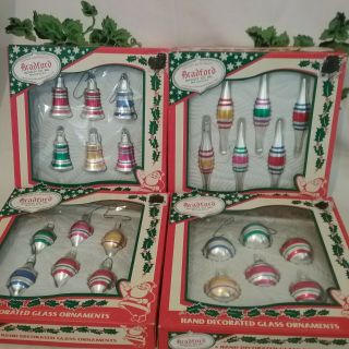 24 Vintage ? Christmas Ornaments In 4 Box Es Hand Decorated Glass Bradford