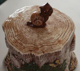 Vintage 1970 ' s Tree Stump Cookie Jar Sittre Ceramic Prod.  Elf,  Gnome,  Owl,  Snail 3