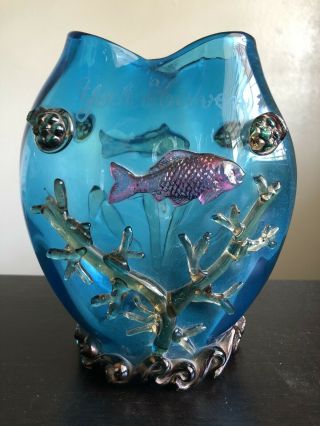 Fine Vintage Blown Glass Aquarium Vase Overlay Fish Etched York Haven