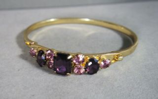 Vintage Gold Tone Amethyst Purple Glass Hinge Bracelet Size 7