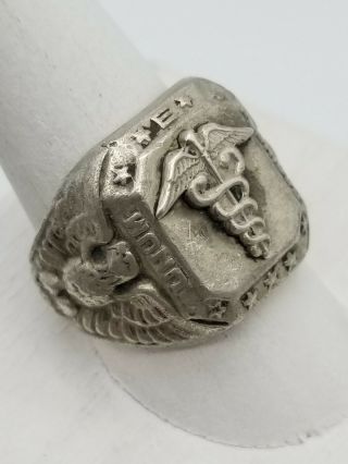 Vintage Wwii Era Sterling E Pluribus Unum Eagle Medic Caduceus Ring Sz 9.  5