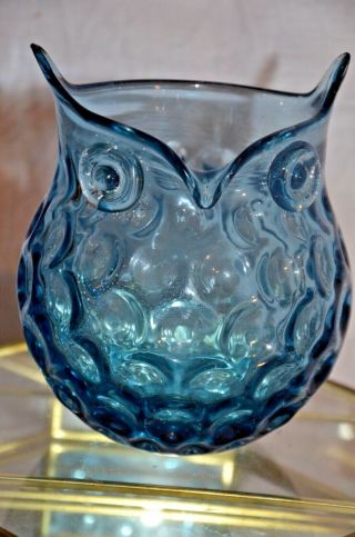 VINTAGE Honeycomb Glass Owl Vase Creamer BLUE 3