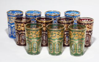 Set Of 11 Vtg Fath Moroccan Tea Glasses Cobalt Blue,  Red And Green W/gold Gilt