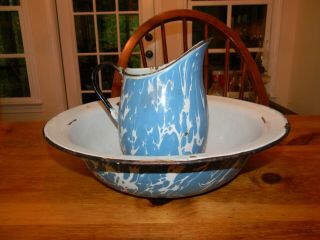 Vintage Graniteware Enamelware Blue & White Swirl Pitcher & Bowl Set