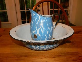 Vintage Graniteware Enamelware Blue & White Swirl Pitcher & Bowl Set 2