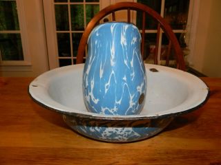 Vintage Graniteware Enamelware Blue & White Swirl Pitcher & Bowl Set 3