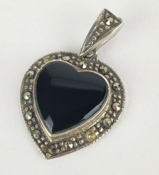 Vintage Sterling Silver Marcasite & Black Onyx Necklace Pendant